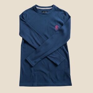 Public Record Mens Blue Waffle Knit Thermal Long Sleeve Shirt Love Kanji Small